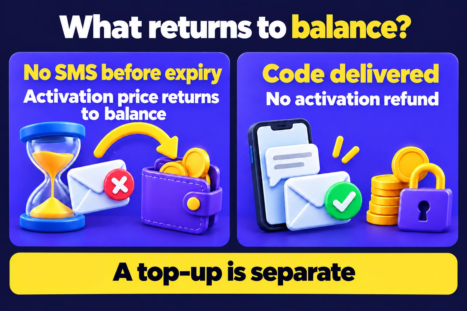 Two activation outcomes: expiry without SMS returns the activation price to balance; code delivery means no activation refund; a top-up is separate from an activation
