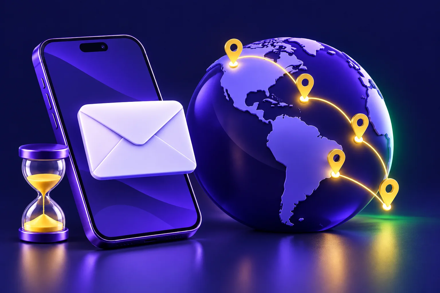 A purple phone and message envelope beside a globe, gold location markers and an hourglass representing temporary international SMS access