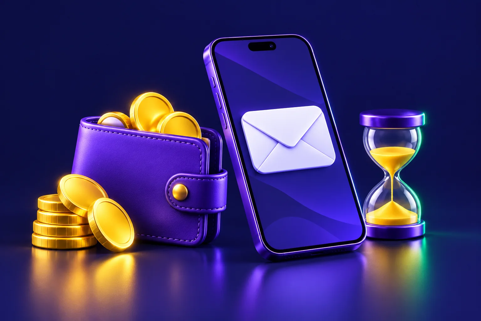 Carteira roxa com moedas douradas, celular com envelope de mensagem e ampulheta representando uma reserva temporária para receber SMS