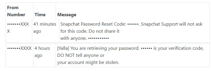 Two password-recovery messages on a public US inbox: a Snapchat password reset code and a Yalla password retrieval code, both masked