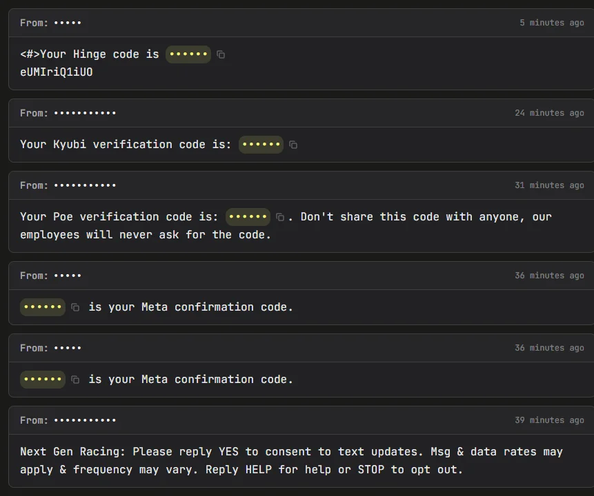 Public inbox of a US number on TemporaryNumber showing six recent messages, including Hinge, Kyubi, Poe and Meta verification codes; codes and sender numbers are masked