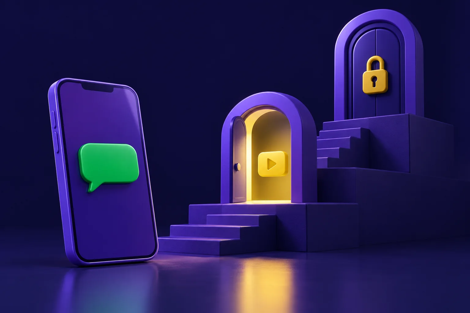 Celular violeta diante de duas portas em níveis diferentes, uma aberta com um cartão de vídeo amarelo e outra fechada com cadeado