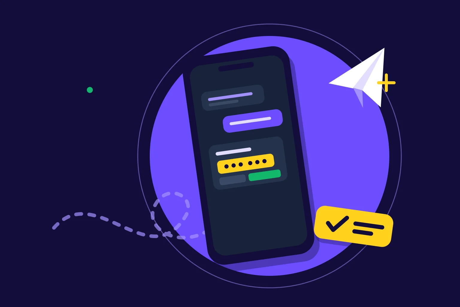 Celular com uma conversa e uma etiqueta amarela de código, ao lado de um avião de papel branco, sobre um círculo roxo