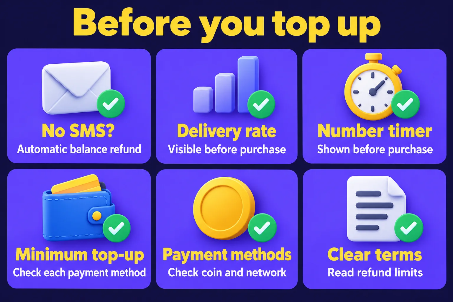 Six checks before funding a replacement: automatic balance refunds, delivery rate, number time limit, minimum top-up, payment methods, and clear terms