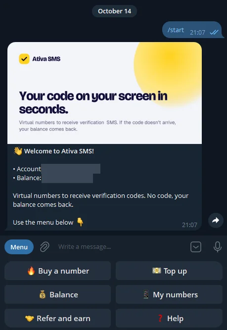 The bot's welcome message with the menu: Buy a number, Top up, Balance, My numbers, Refer and earn and Help