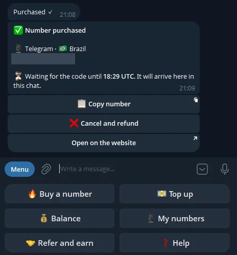 Number purchased message: Telegram in Brazil, waiting for the code until 18:29 UTC, with the buttons Copy number, Cancel and refund and Open on the website