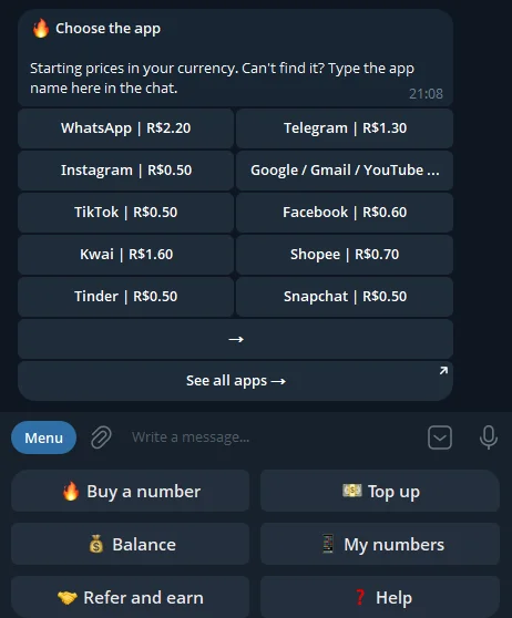 App grid in the bot: WhatsApp, Telegram, Instagram, Google, TikTok, Facebook, Kwai, Shopee, Tinder and Snapchat, each with a starting price