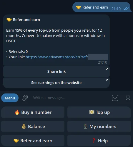 Refer and earn message in the bot: 15% of every top-up from people you refer for 12 months, number of referrals and the referral link