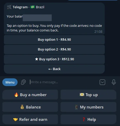 Purchase options for Telegram in Brazil: option 1 and option 2 at R$4.90 and option 3, starred, at R$12.90