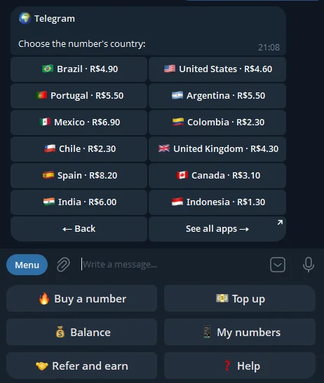 Country list for a Telegram number with prices: Brazil, United States, Portugal, Argentina, Mexico, Colombia, Chile, United Kingdom, Spain, Canada, India and Indonesia
