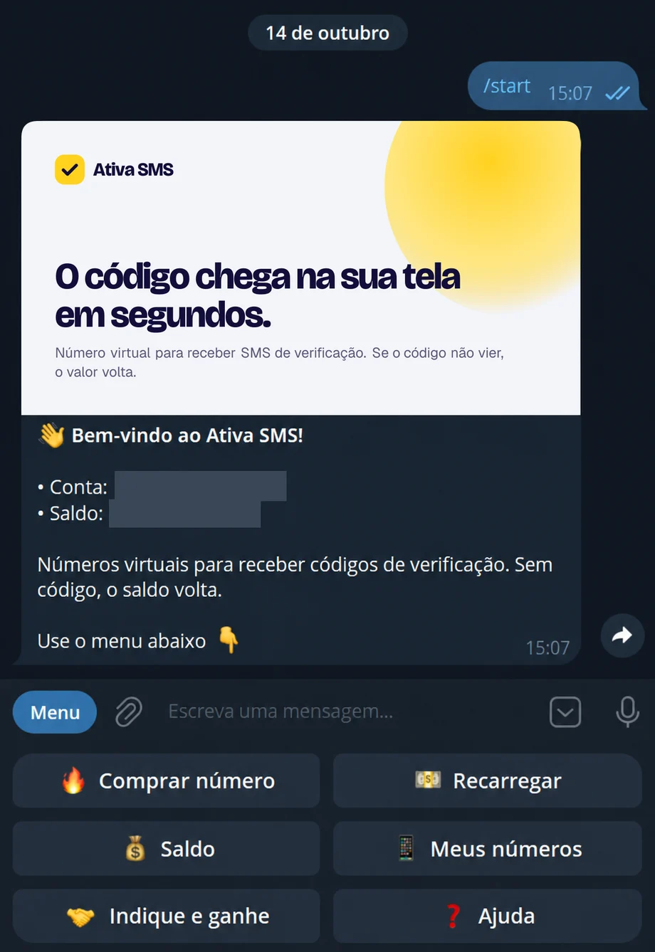 Mensagem de boas-vindas do bot com o menu: Comprar número, Recarregar, Saldo, Meus números, Indique e ganhe e Ajuda