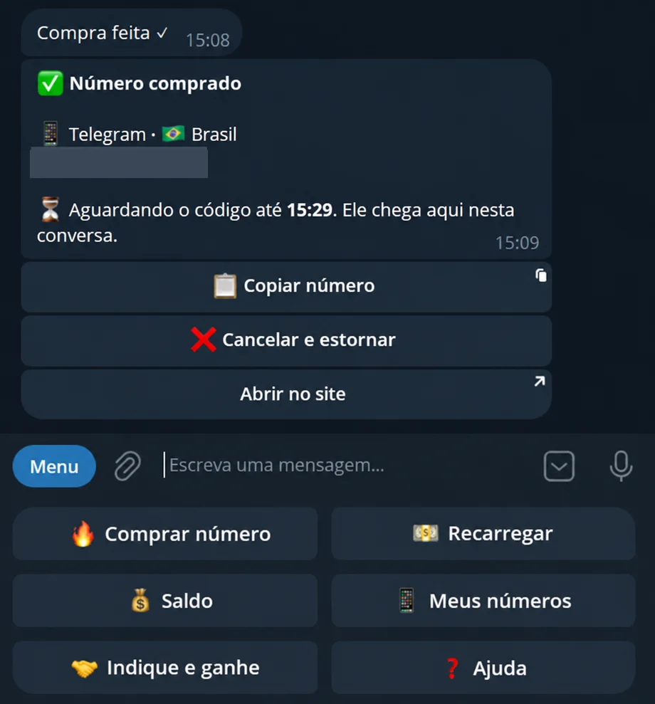 Mensagem de número comprado: Telegram no Brasil, aguardando o código até 15:29, com os botões Copiar número, Cancelar e estornar e Abrir no site