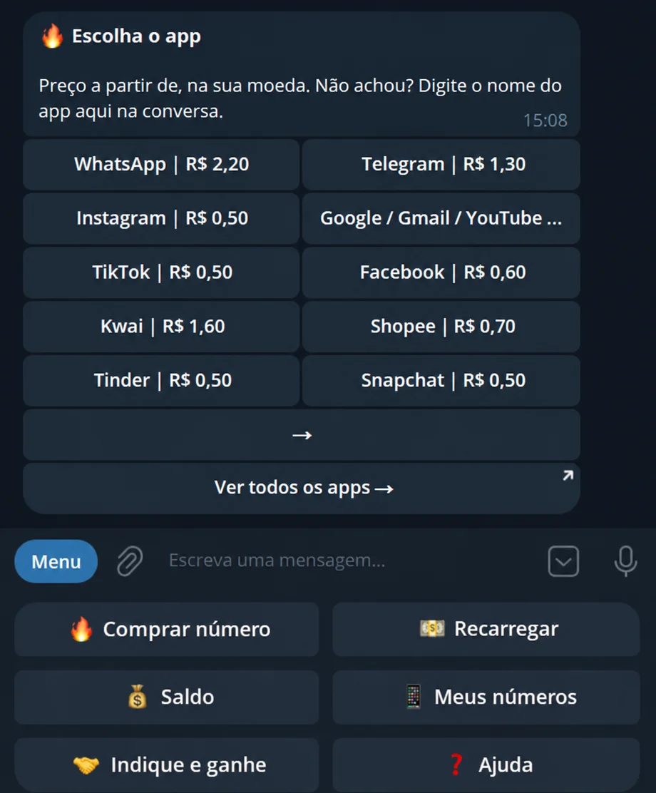 Grade de apps no bot: WhatsApp, Telegram, Instagram, Google, TikTok, Facebook, Kwai, Shopee, Tinder e Snapchat, cada um com o preço inicial