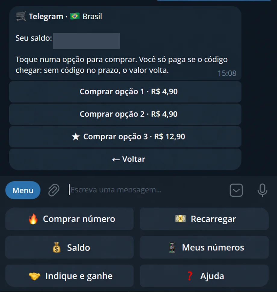 Opções de compra para Telegram no Brasil: opção 1 e opção 2 por R$ 4,90 e opção 3, destacada com estrela, por R$ 12,90