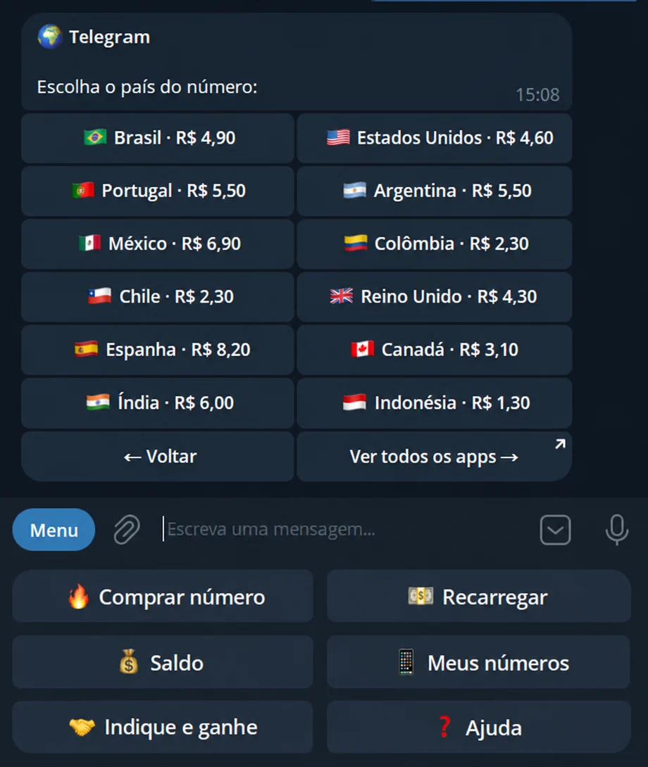 Lista de países para o Telegram com preço: Brasil, Estados Unidos, Portugal, Argentina, México, Colômbia, Chile, Reino Unido, Espanha, Canadá, Índia e Indonésia