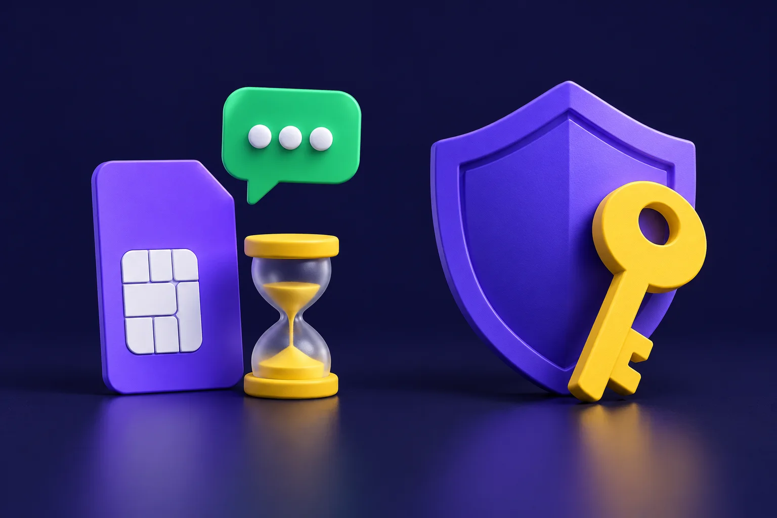 A temporary violet phone card beside a lasting shield and key, with a green message bubble and a yellow hourglass on a navy background